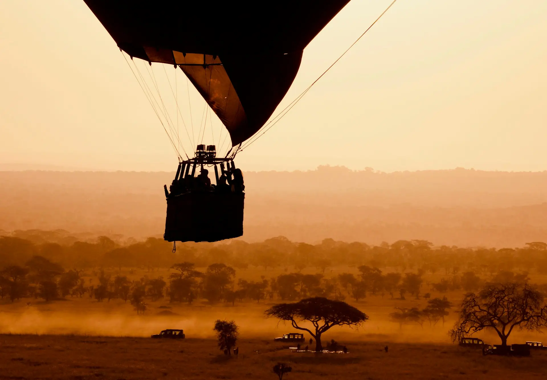 Hot air balloon safari over the Serengeti at sunrise